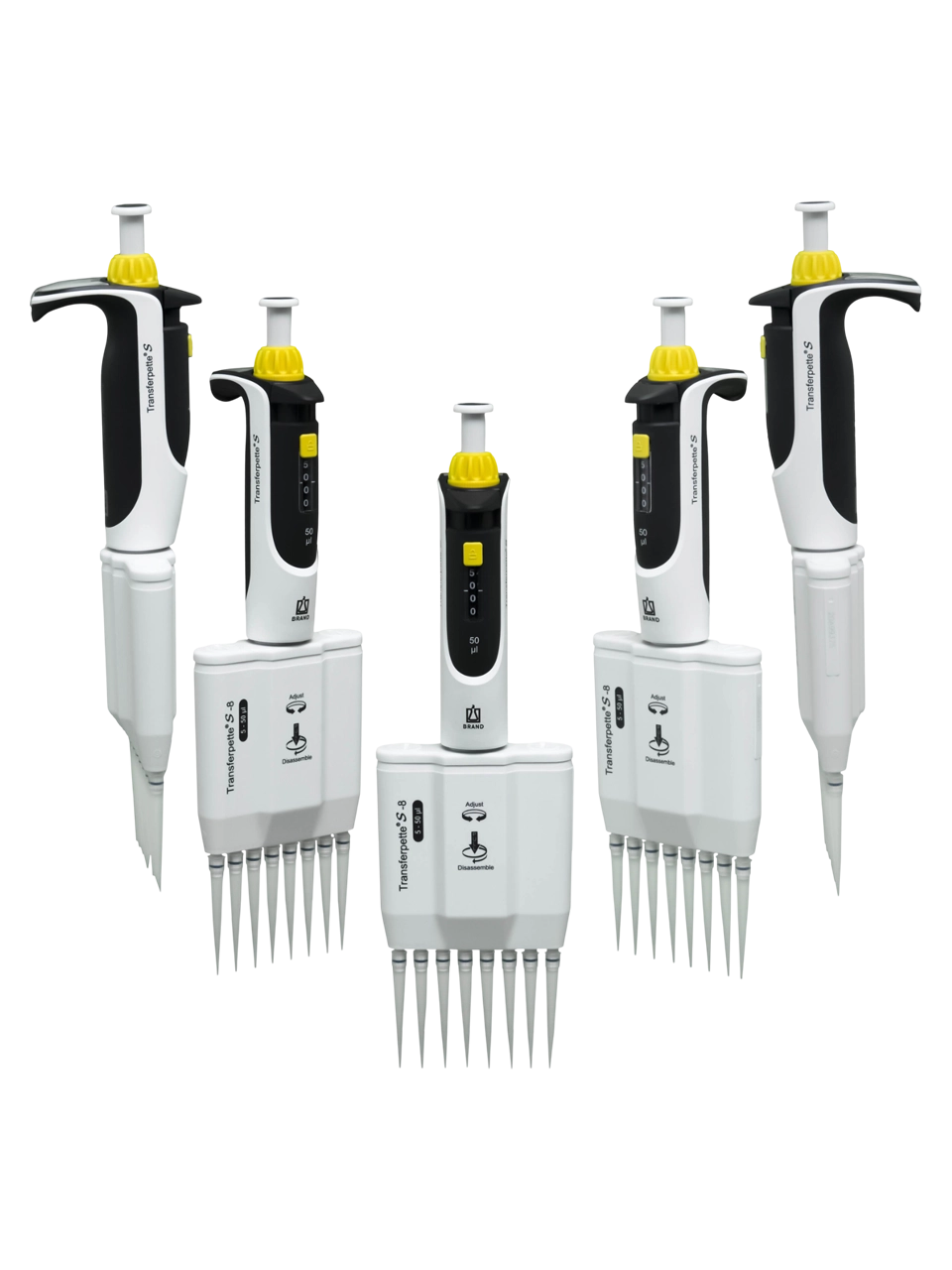 Micropipette (Automatic Pipette), Transferpette® S-8, Autoclavable, 8 Channel, Yellow, 5-50 µl Adjustable Volume (Analog), 0,4 µl Accuracy, 0,05 µl Subdivision