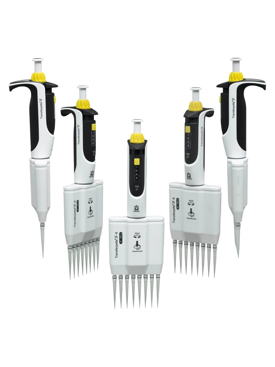 Micropipette (Automatic Pipette), Transferpette® S-8, Autoclavable, 8 Channel, Yellow, 10-100 µl Adjustable Volume (Analog), 0,8 µl Accuracy, 0,1 µl Subdivision