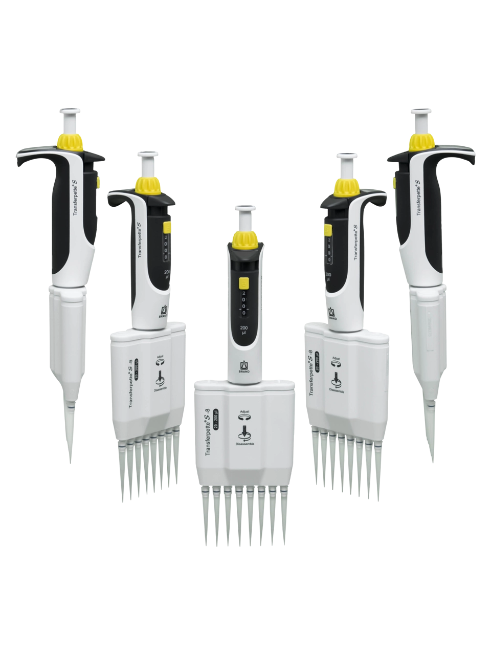 Micropipette (Automatic Pipette), Transferpette® S-8, Autoclavable, 8 Channel, Yellow, 20-200 µl Adjustable Volume (Analog), 1,6 µl Accuracy, 0,2 µl Subdivision