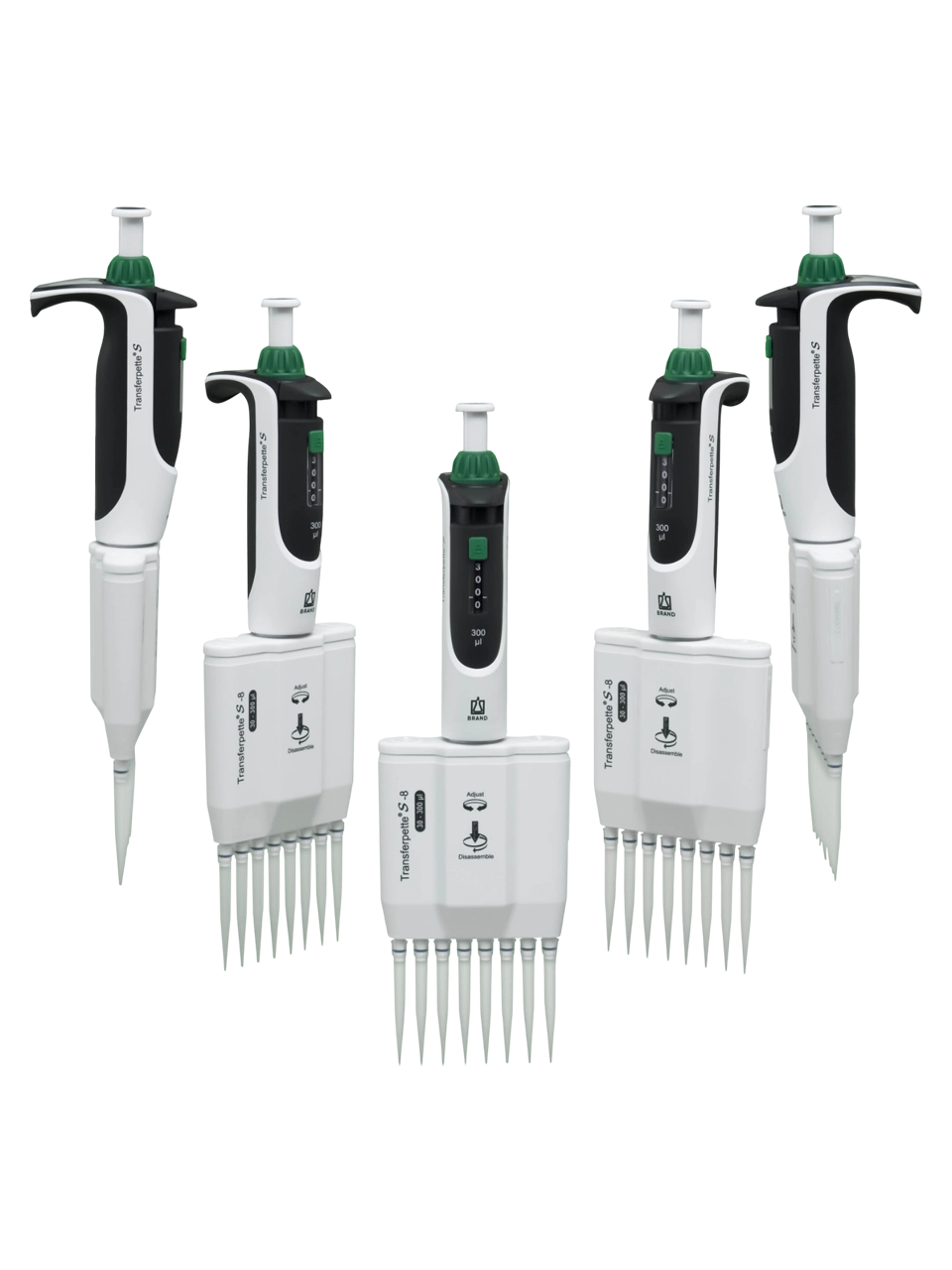 Micropipette (Automatic Pipette), Transferpette® S-8, Autoclavable, 8 Channel, Green, 30-300 µl Adjustable Volume (Analog), 1,8 µl Accuracy, 0,5 µl Subdivision