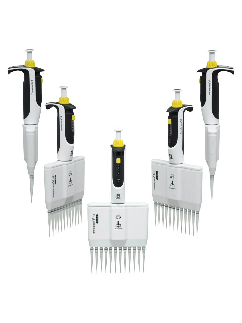 Micropipette (Automatic Pipette), Transferpette® S-12, Autoclavable, 12 Channel, Yellow, 5-50 µl Adjustable Volume (Analog), 0,4 µl Accuracy, 0,05 µl Subdivision