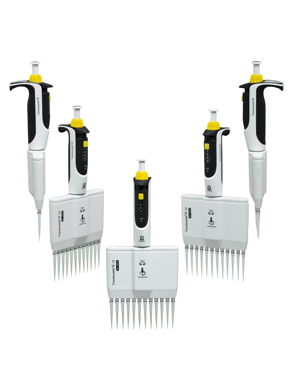Micropipette (Automatic Pipette), Transferpette® S-12, Autoclavable, 12 Channel, Yellow, 10-100 µl Adjustable Volume (Analog), 0,8 µl Accuracy, 0,1 µl Subdivision
