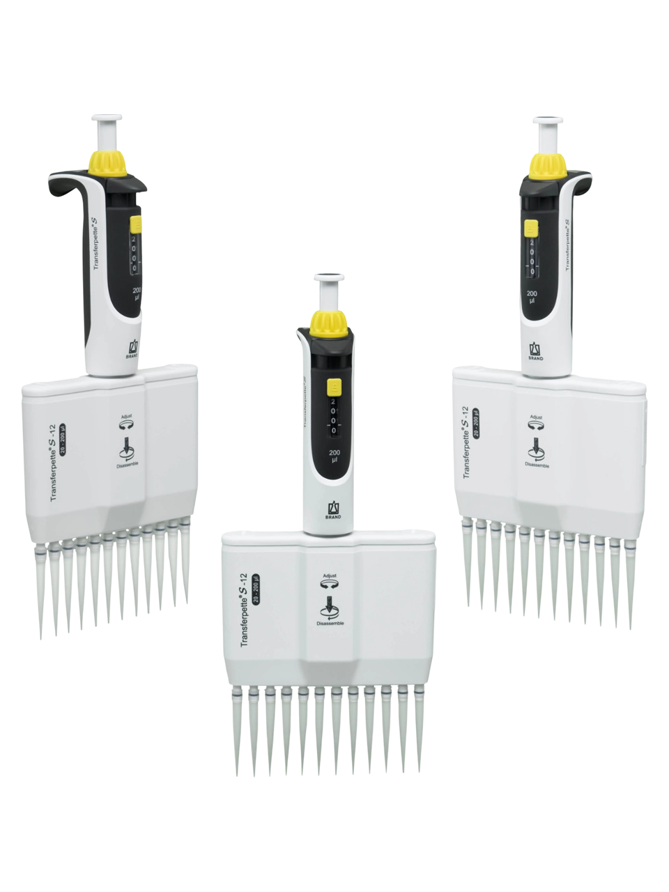 Mikropipet (Otomatik Pipet), Transferpette® S-12, Otoklavlanabilir, 12 Kanallı, Sarı, 20-200 µl Ayarlanabilir Hacimli (Analog), 1,6 µl Hassasiyet, 0,2 µl Artış
