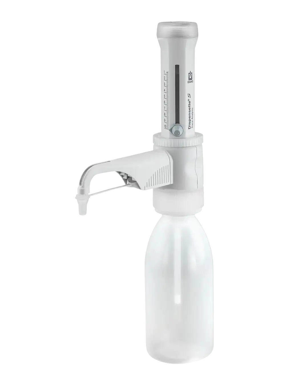 Bottle-Top Dispenser, Dispensette® S Trace, W/O Valve 1-10 ml Adjustable Volume (Analog), 0,05 ml Accuracy, 0,2 ml Subdivision, Platinum-Iridium Valve Spring