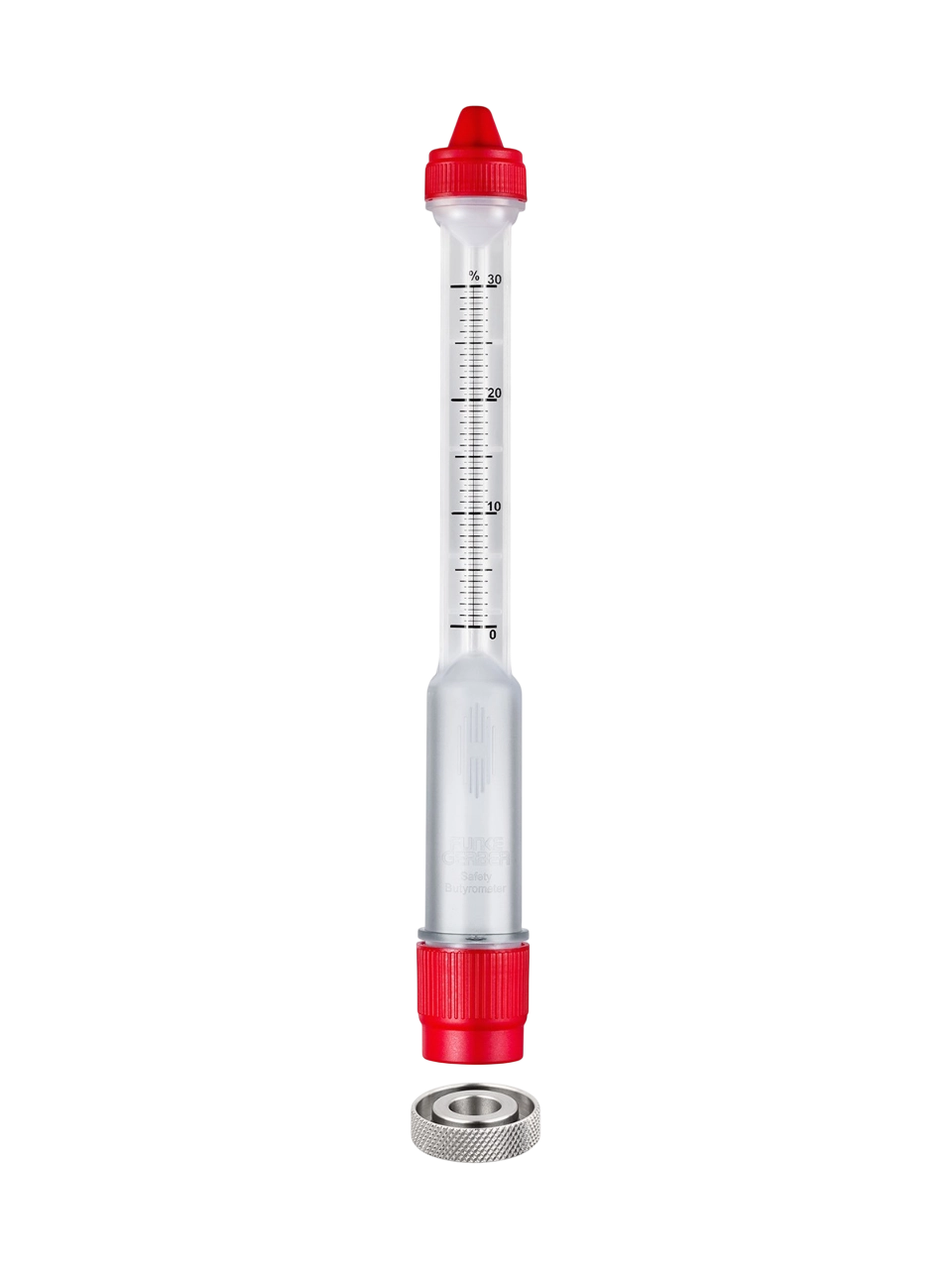 Bütirometre (Güvenlik), Polipropilen, 0-30%: 0.5, 2 Adet Vidalı Kapak, 210 mm Uzunluk, 25 mm Çap