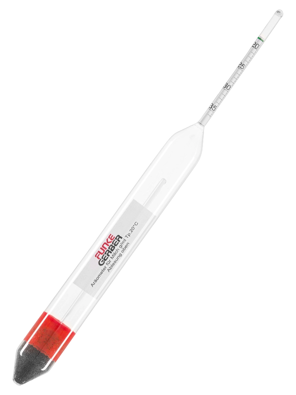 Lactodensimeter, Glass, 1.020-1.035: 0.0005 g/ml, for Milk according to GERBER’s Method, 260 mm Length, with Thermometer