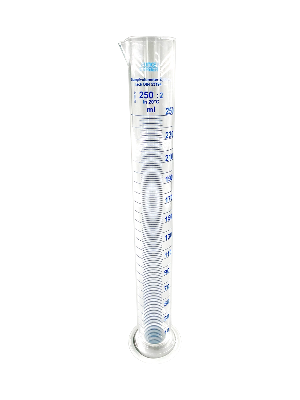 Mezür, Borosilikat Cam, Şeffaf, Yuvarlak Tabanlı, Mavi Skala, 7700 Kodlu Sıkıştırılmış Yoğunluk Analiz Cihazı İçin, 250 ml Hacim