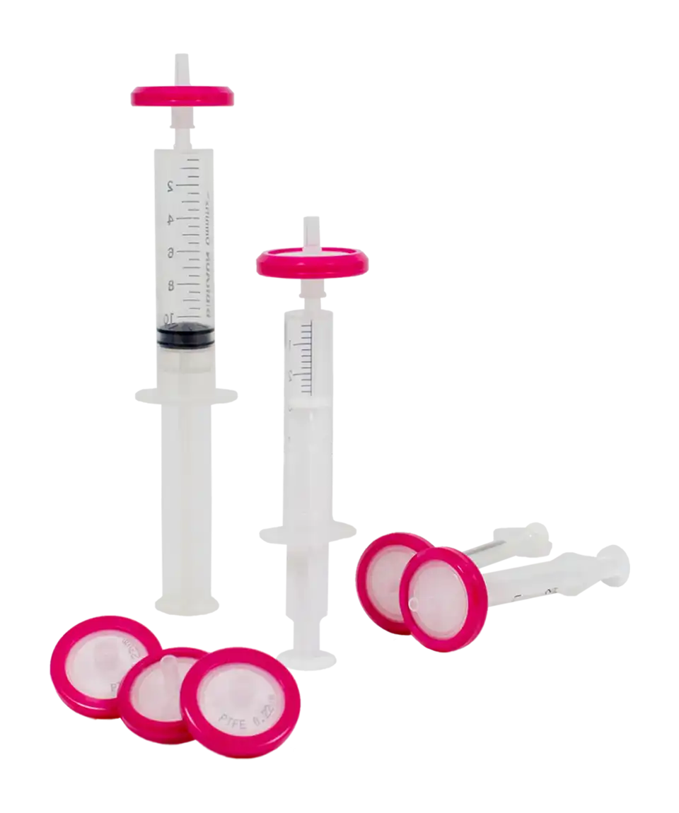 PTFE (Teflon) Şırınga Ucu Filtre, Hidrofobik, Non-steril, Pembe Gövde, 0,2 μm, 13 mm, 100 adet/paket