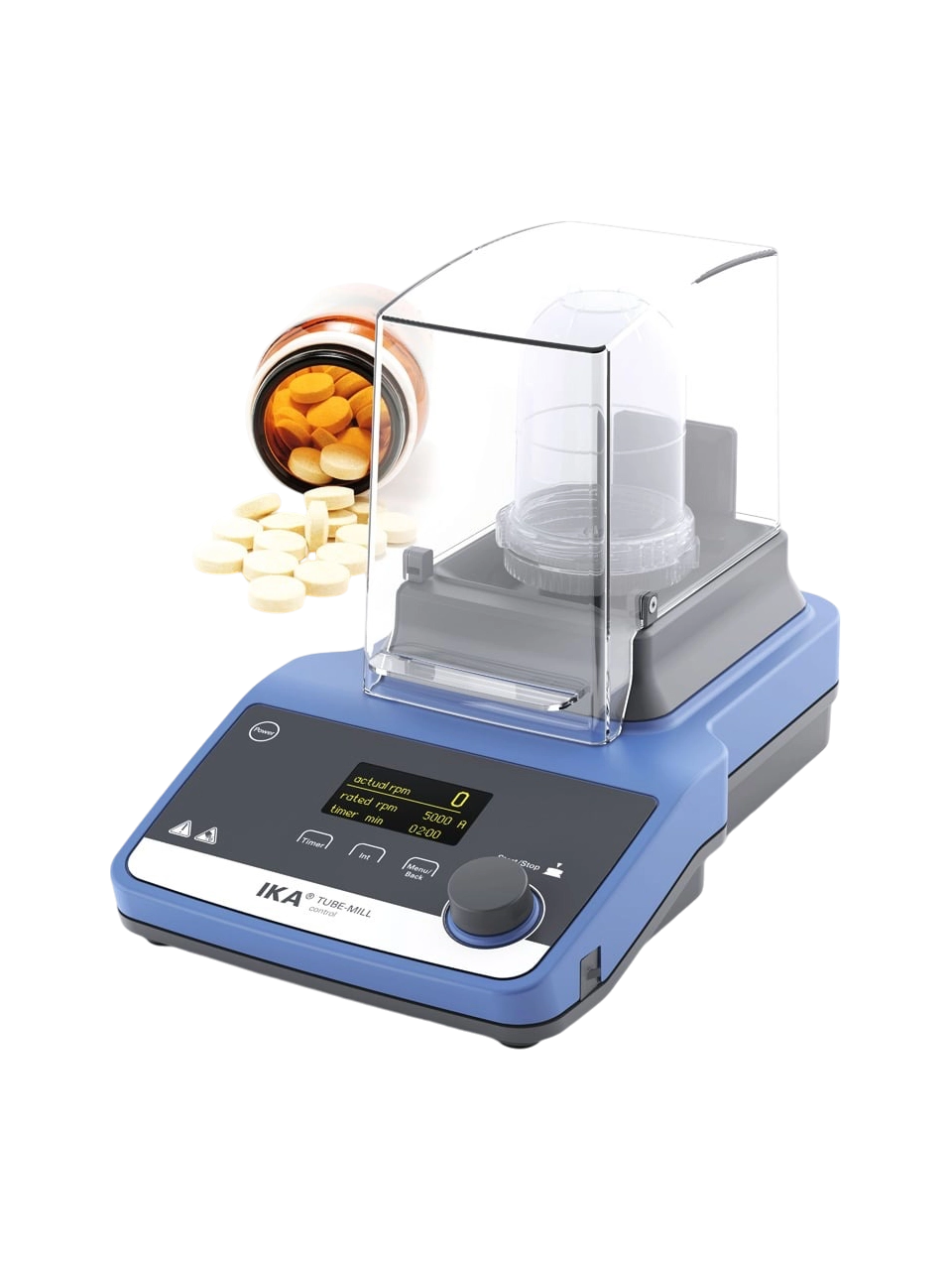 Tüplü Öğütücü, 100 Control Pharma Solution, 5000-25000 RPM, Zaman Ayarlı, Maksimum 10 mm Tane Boyutu, 100 ml Kullanılabilir Hacim, OLED Hız ve Zaman Göstergesi