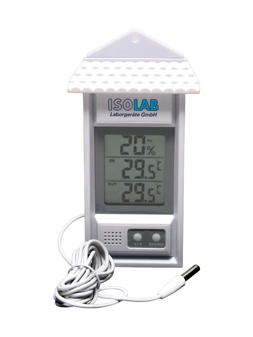 Termohigrometre, Dijital, İç (-10+50°C, %20-%99 RH) ve Dış (-50+70°C) Mekanlar İçin, Maks. & Min. Özelliği, Çatılı, LCD Ekran