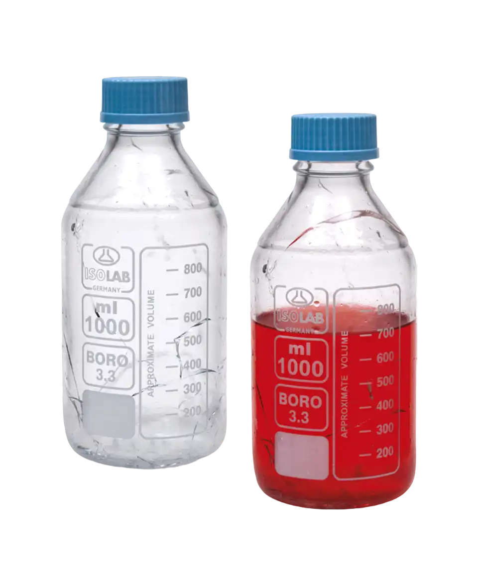 Şişe, Borosilikat Cam, Yüzey Kaplı, Şeffaf, Vidalı Kapaklı, GL 45 Boyunlu, Otoklavlanabilir, Beyaz Skala, 100 ml Hacim