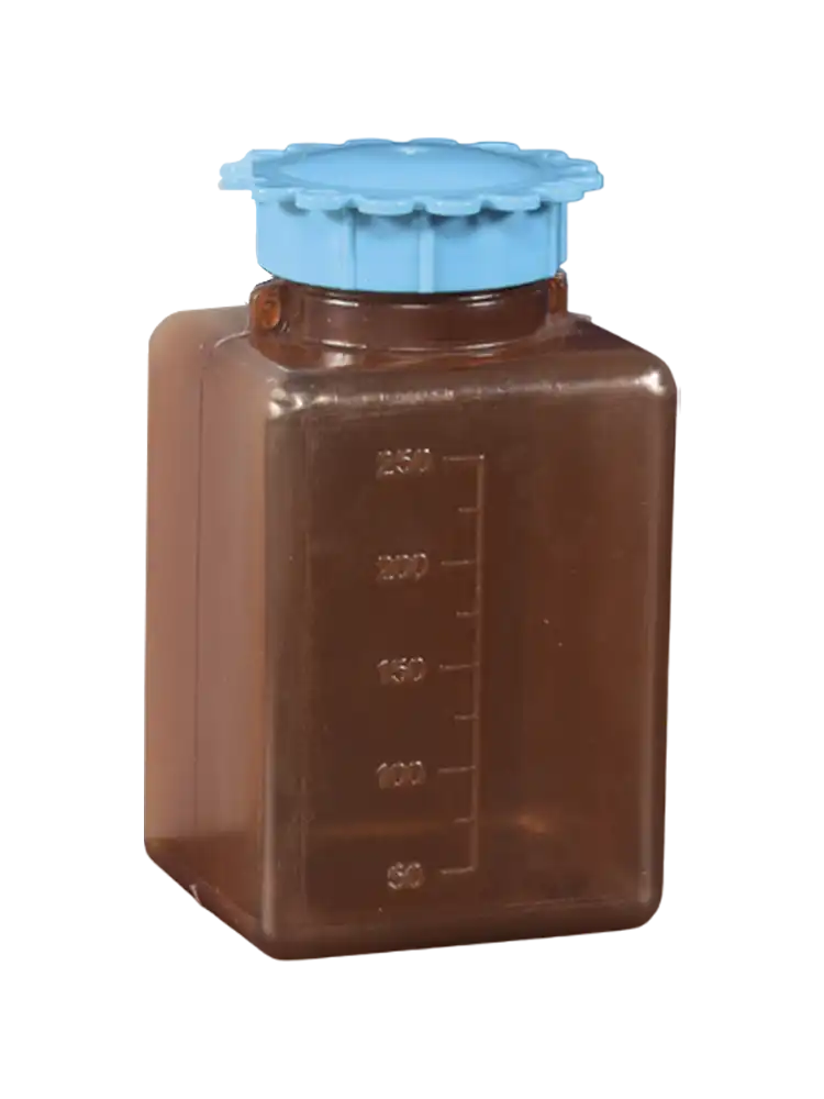 Şişe, P.E, Amber, Mühürlü Vidalı Kapak, Geniş Boyunlu, Kare Gövdeli, Otoklavlanamaz, Kabartma Skala, 50 ml Hacim