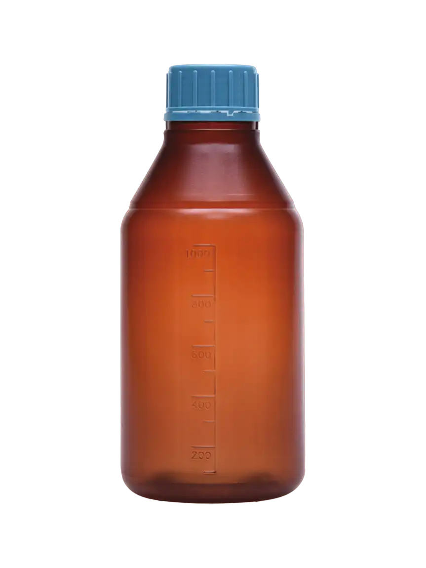 Şişe, P.P, Amber, Mühürlü Vidalı Kapak, GL 45 Boyunlu, Otoklavlanabilir, Kabartma Skala, Non-steril, 100 ml Hacim