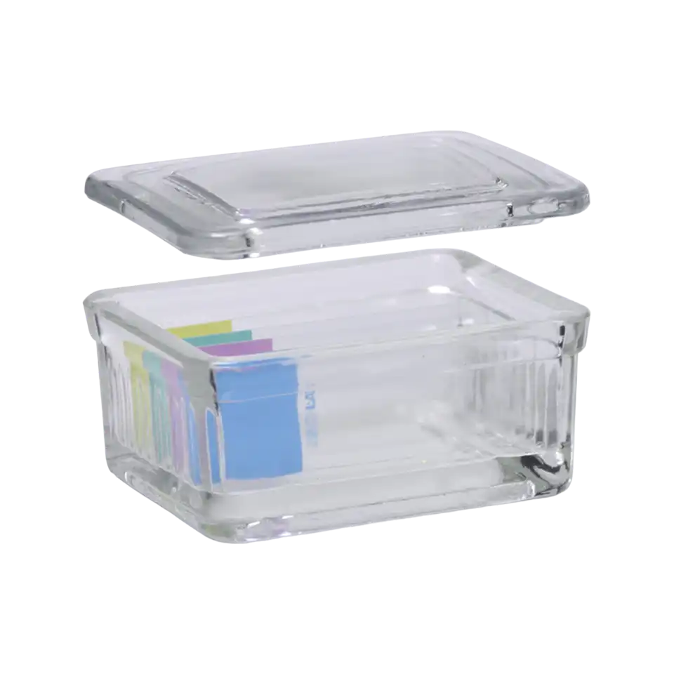 Staining Jar, Soda Glass, with Lid, Horizontal (Schifferdecker), for 10 Individual Microscope Slides or 10 Pairs of Slides Adjacently Back-to-Back, 87 x 74 x 40 mm Dimensions