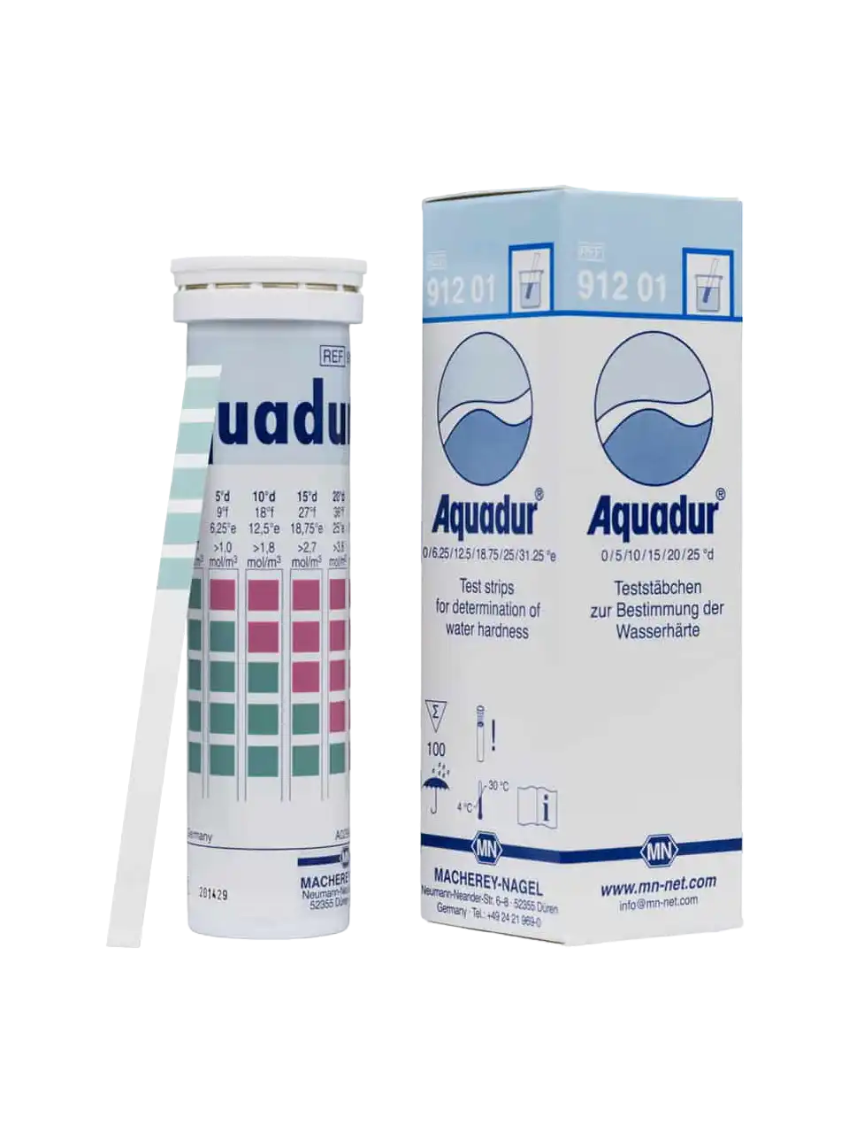 Water Hardness Test Strips, Aquadur, <3->5->10->15->20->25 °d, 6 x 95 mm, M&Nagel, 100 strips/pack