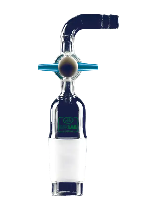 Adaptör, Borosilikat Cam, 90° Açılı Boru, PTFE Musluklu, 8 mm Çap, 6-10 mm İç Çaplı Hortumlar İçin, Erkek Şilif: NS 14/23