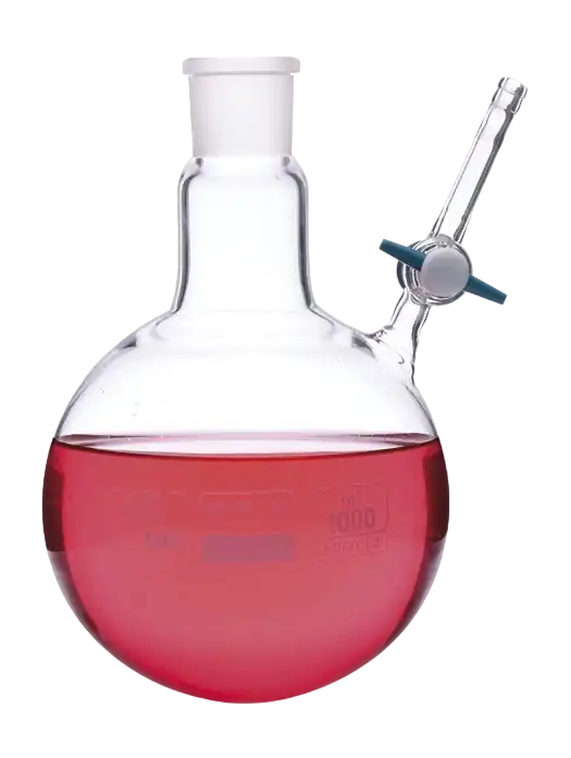 Flask, Borosilicate Glass, Clear, Round Bottom, Nitrogen, PTFE Stopcock (25° Angled), Single Neck, NS 14/23 Joint, 25 ml Volume