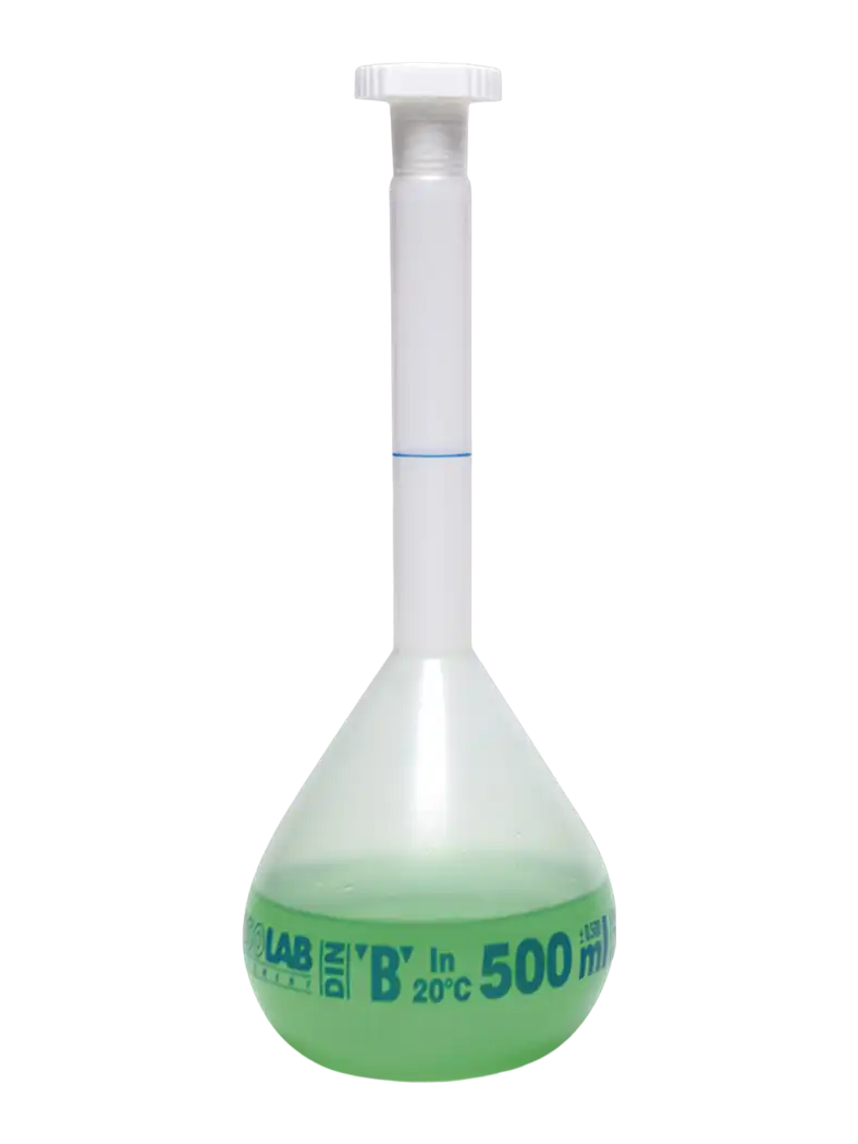 Volumetric Flask, P.P, Standard, Clear, Class B, with P.P Conical Stopper, Blue Scale, NS 10/19 Joint, 25 ml Volume