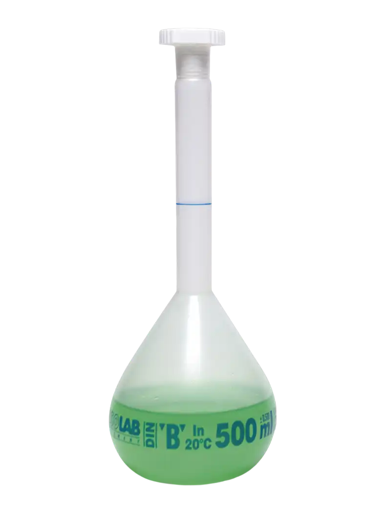 Volumetric Flask, P.P, Standard, Clear, Class B, with P.E Conical Stopper, Blue Scale, NS 10/19 Joint, 25 ml Volume