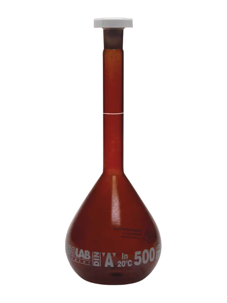 Volumetric Flask, Borosilicate Glass, Standard, Amber, Class A, with P.E Conical Stopper, Batch Certified, White Scale, NS 10/19 Joint, 5 ml Volume
