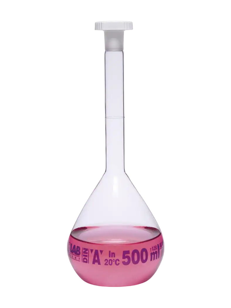 Volumetric Flask, Borosilicate Glass, Standard, Clear, Class A, with P.P Conical Stopper, Batch Certified, Blue Scale, NS 10/19 Joint, 5 ml Volume