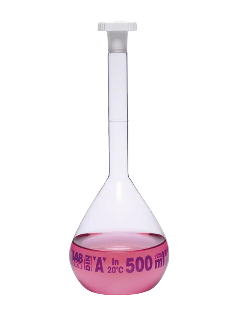 Volumetric Flask, Borosilicate Glass, Standard, Clear, Class A, with P.E Conical Stopper, Batch Certified, Blue Scale, NS 10/19 Joint, 5 ml Volume