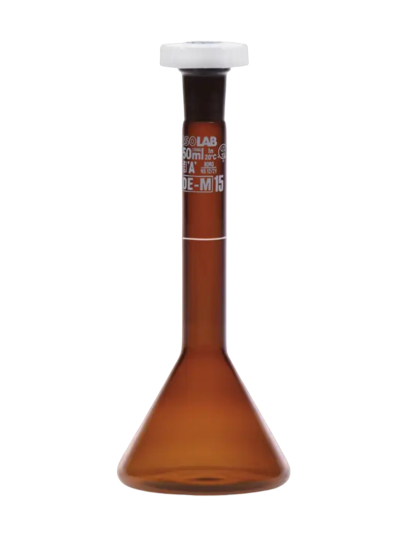 Volumetric Flask, Borosilicate Glass, Trapezoidal, Amber, Class A, with P.E Conical Stopper, Batch Certified, White Scale, NS 7/16 Joint, 1 ml Volume