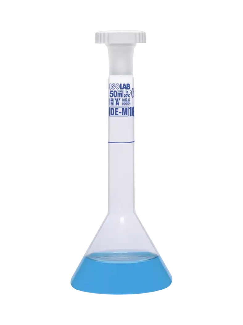 Volumetric Flask, Borosilicate Glass, Trapezoidal, Clear, Class A, with P.P Conical Stopper, Batch Certified, Blue Scale, NS 10/19 Joint, 10 ml Volume