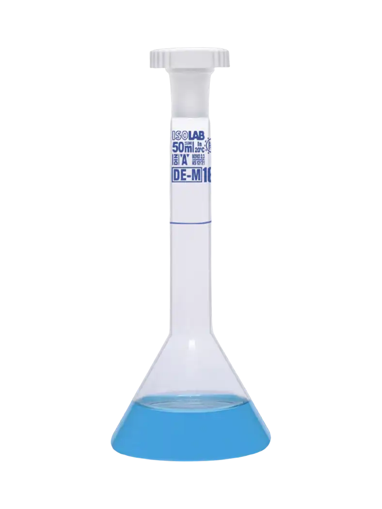 Volumetric Flask, Borosilicate Glass, Trapezoidal, Clear, Class A, with P.E Conical Stopper, Batch Certified, Blue Scale, NS 7/16 Joint, 1 ml Volume