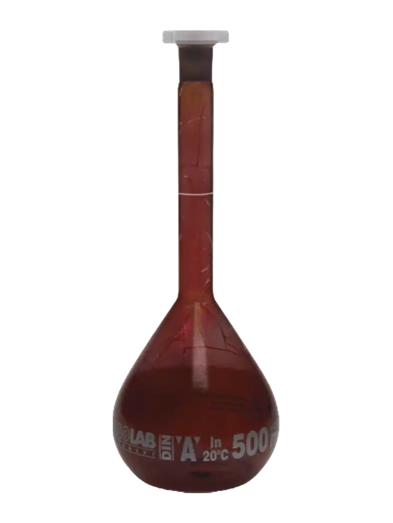 Volumetric Flask, Coated Glass, Standard, Amber, Class A, with P.E Conical Stopper, Batch Certified, White Scale, NS 10/19 Joint, 5 ml Volume