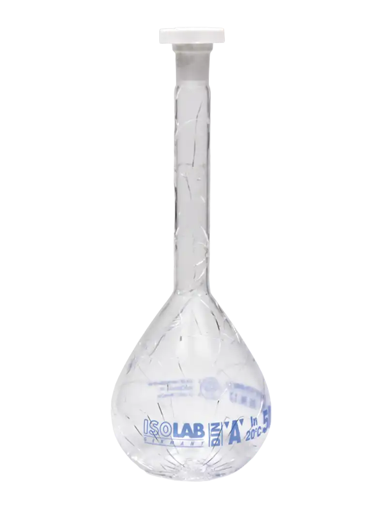 Volumetric Flask, Coated Glass, Standard, Clear, Class A, with P.E Conical Stopper, Batch Certified, Blue Scale, NS 10/19 Joint, 5 ml Volume
