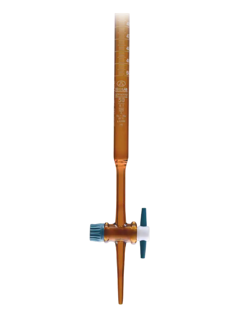 Burette, Borosilicate Glass, Straight, Amber, PTFE Stopcock, Class AS, Batch Certified, White Scale, 10 ml Volume