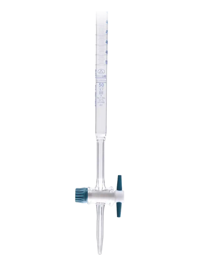 Burette, Borosilicate Glass, Straight, Clear, PTFE Stopcock, Class AS, Batch Certified, Blue Scale, 10 ml Volume