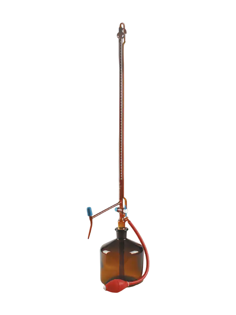 Burette, Borosilicate Glass, Automatic, Amber, PTFE Stopcock, Class AS, Batch Certified, White Scale, 10 ml Volume