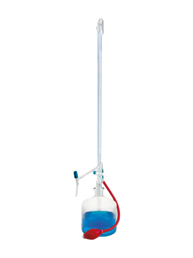 Burette, Borosilicate Glass, Automatic, Clear, PTFE Stopcock, Class AS, Batch Certified, Schellbach Stripe, Blue Scale, 10 ml Volume