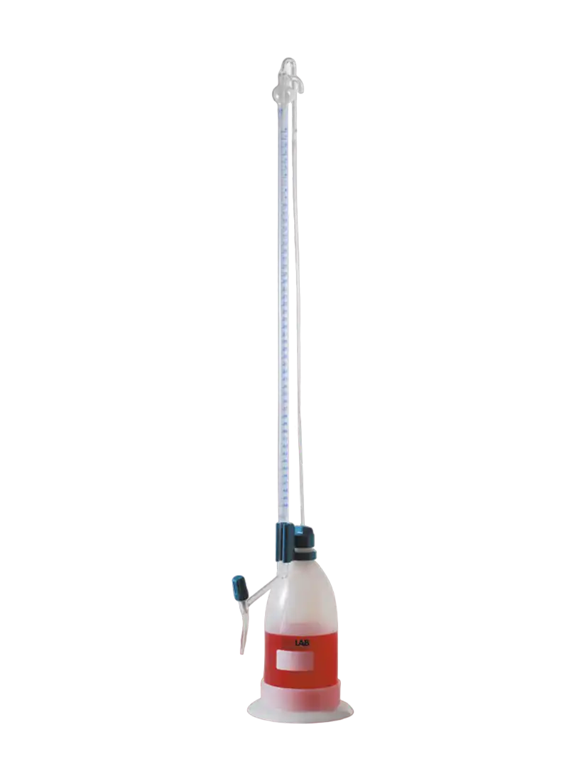 Burette, Borosilicate Glass, Automatic, Schilling (with P.E Bottle), Clear, Class AS, Batch Certified, Schellbach Stripe, Blue Scale, 10 ml Volume