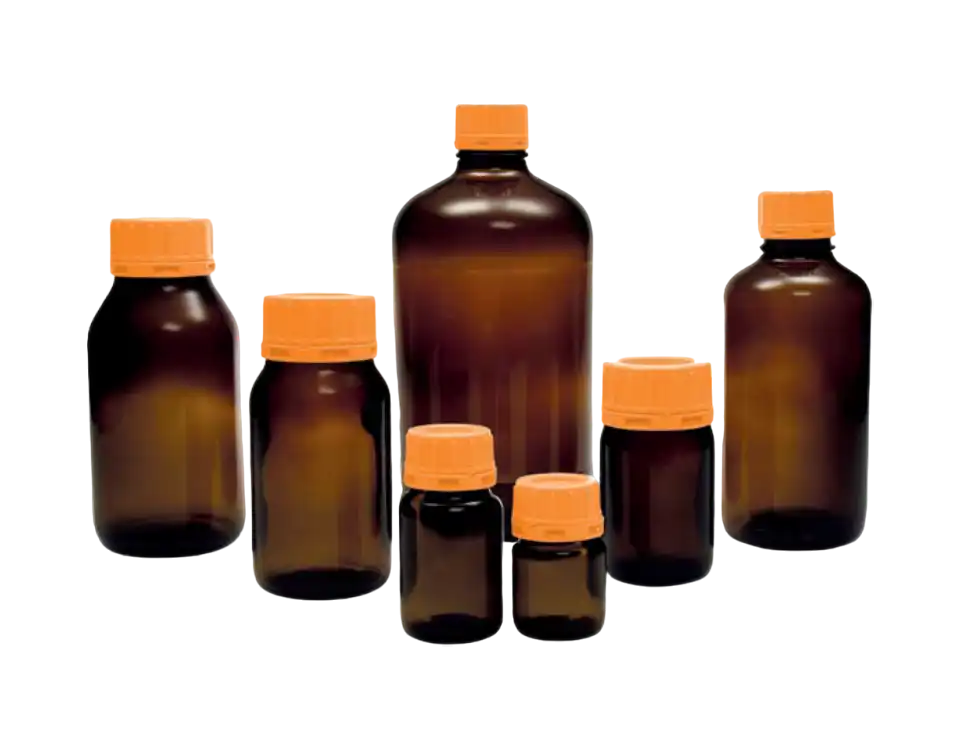 Bottle, Neutral Glass, Amber, for Powders, Screw Cap with Security Ring (W/O Insert), GL 40 Neck, W/O Scale, 50 ml Volume