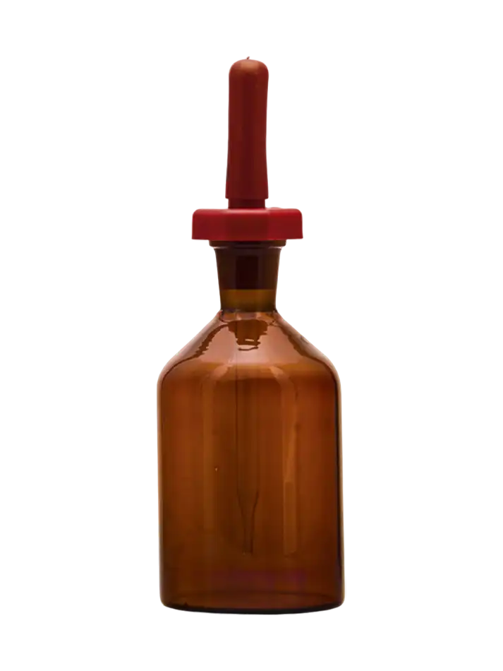 Dropping Bottle, Borosilicate Glass, Amber Body, Red Rubber Cap, 50 ml Volume