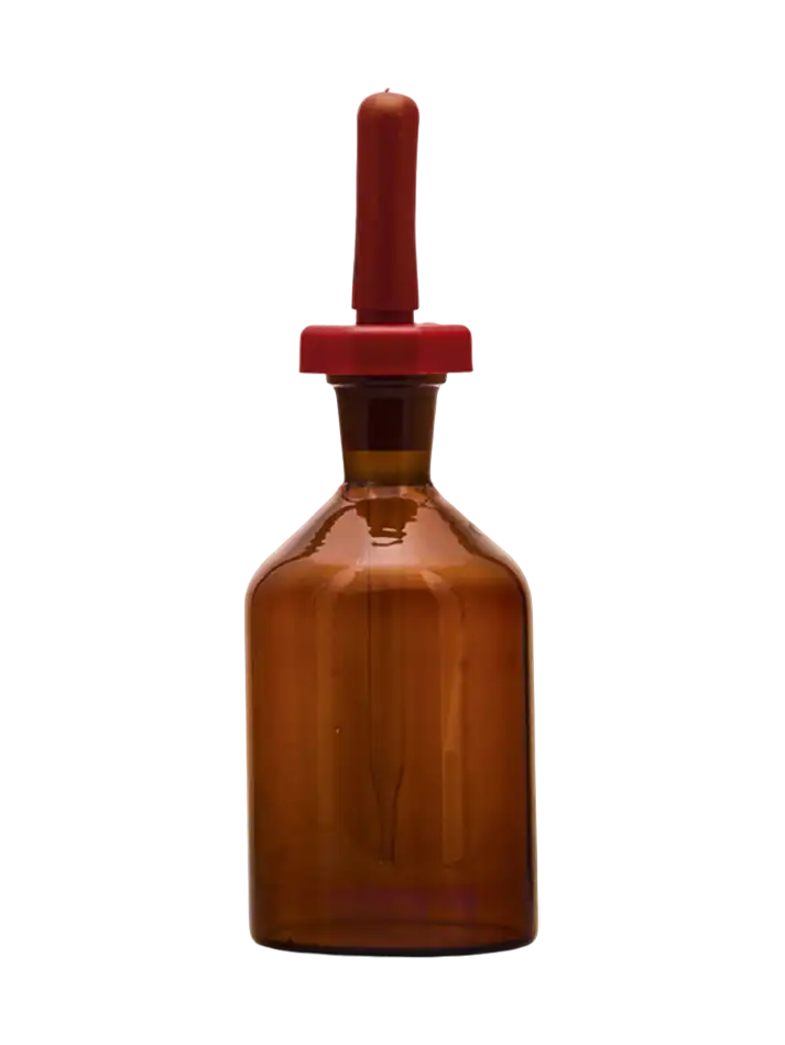 Damlatma Şişesi, Borosilikat Cam, Amber Gövde, Kırmızı Kauçuk Başlık, 50 ml Hacim