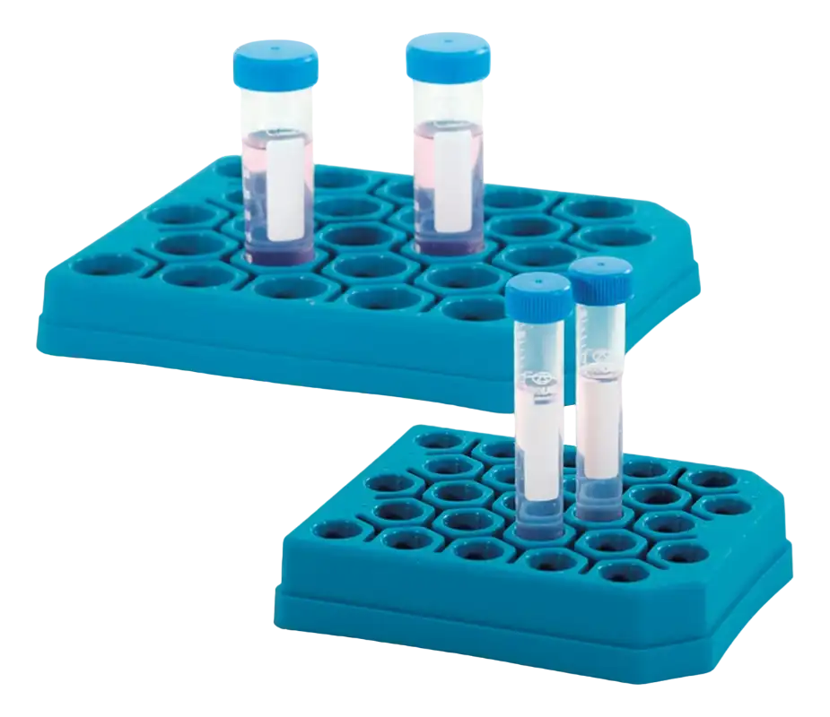 Centrifuge (Falcon) Tube Stand, P.P, Push-Hold Model, 25 Well, for 15 ml Conical Bottom Tubes, 120 x 150 x 32 mm Dimensions, Blue