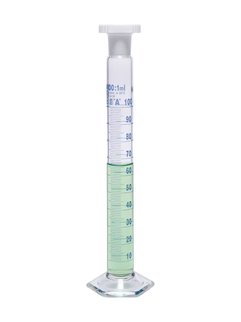 Measuring Cylinder, Borosilicate Glass, Clear, Mixing (with P.P Conical Stopper), Hexagonal Glass Foot, Class A, Batch Certified, Blue Scale, 10 ml Volume