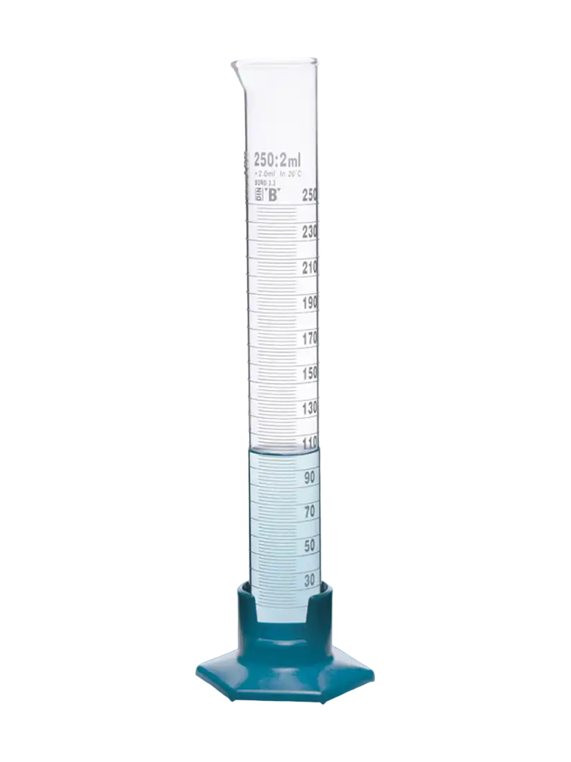 Measuring Cylinder, Borosilicate Glass, Clear, Tall Form, Hexagonal P.P Foot, Class B, Batch Certified, White Scale, 10 ml Volume