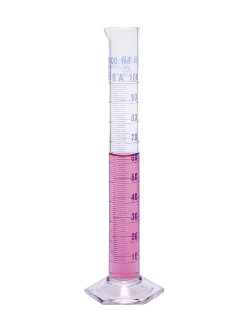Measuring Cylinder, Borosilicate Glass, Clear, Tall Form, Hexagonal Glass Foot, Class A, Batch Certified, Blue Scale, 5 ml Volume