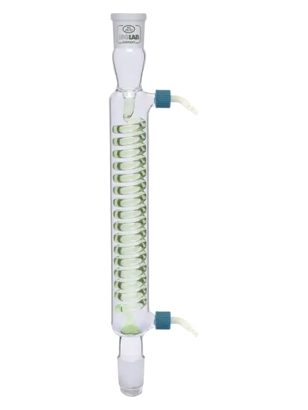 Soğutucu, Borosilikat Cam, Spiralli, 160 mm Efektif Uzunluk, NS 14/23 Erkek ve Dişi Şilifli, 8-9 mm İç Çaplı Borular İçin P.P Yan Kol