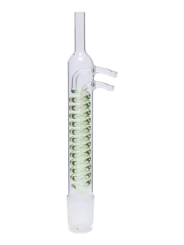 Soğutucu, Borosilikat Cam, Dimroth, Soxhlet İçin, 30 ml Hacimli Ekstraktör İçin, NS 29/32 Erkek Şilifli, 8-9 mm İç Çaplı Borular İçin Cam Yan Kol