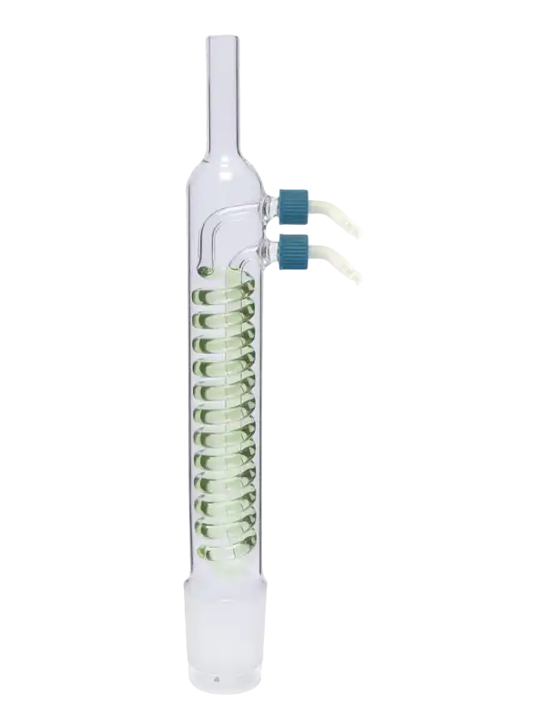 Soğutucu, Borosilikat Cam, Dimroth, Soxhlet İçin, 30 ml Hacimli Ekstraktör İçin, NS 29/32 Erkek Şilifli, 8-9 mm İç Çaplı Borular İçin P.P Yan Kol