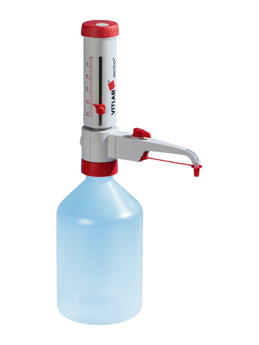 Bottle-Top Dispenser, Genius², with Recirculation Valve 5-50 ml Adjustable Volume (Analog), 0,25 ml Accuracy, 1 ml Subdivision