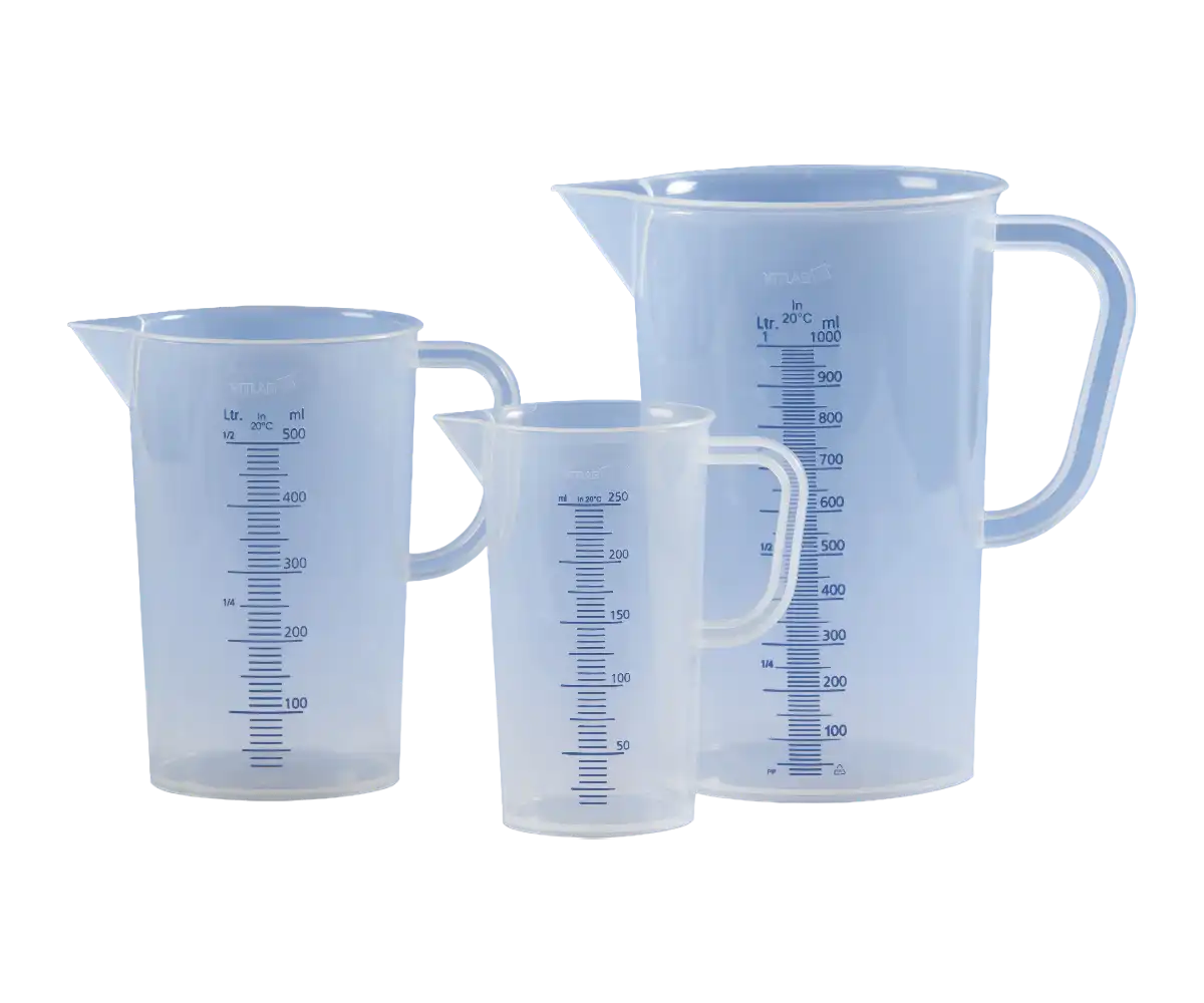 Beaker, P.P, with Handle, Blue Scale, 40 mm Diameter, 70 mm Height, 2 ml Subdivision, 50 ml Volume