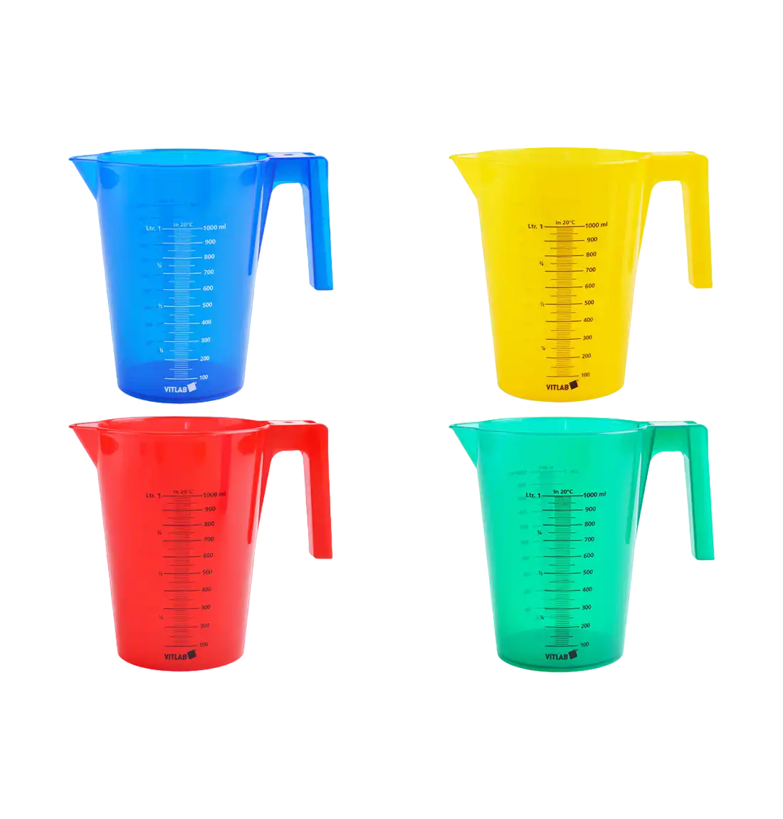 Beher, P.P, Kulplu, Çift Tarafında Siyah Skala, Konik (İstiflenebilir), 125 mm Çap, 167 mm Yükseklik, 10 ml Artış, Mavi-Sarı-Kırmızı-Yeşil Set, 1000 ml Hacim, 4 adet/paket