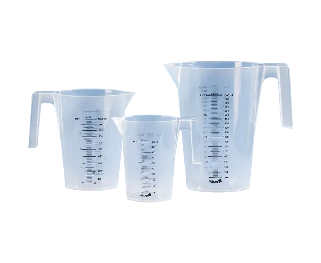 Beaker, P.P, with Handle, Black Scale on Both Sides, Conical (Stackable), 125 mm Diameter, 167 mm Height, 10 ml Subdivision, 1000 ml Volume